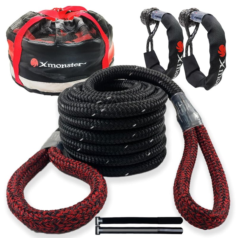 X MONSTER Kinetic Recovery Tow Rope 3/4" x 20' (MBS 22,000 lbs) with Reflective Tape and 2 Soft Shackles (35,000lbs), Free Durable Handbag Off-Road Recovery Kits - Image 1